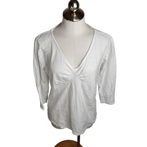 Cut Loose Womens XL Tuck Front Tee White Linen Blend 3/4 Sleeve V-Neck